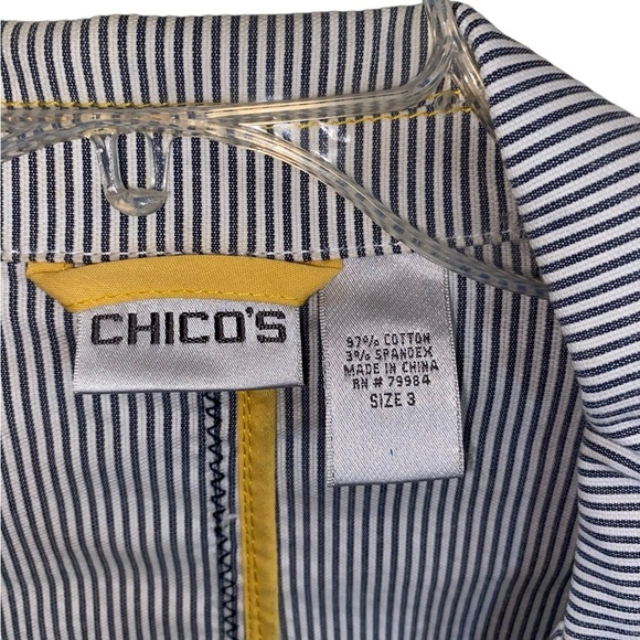 Chico's Seersucker Striped gray & white yellow stitches Yachtie Blazer Jacket - Picture 3 of 12